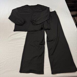 Black Lounge Set XXL Wide Leg Pants & Long Sleeve Top Comfy Stretch 2-Piece